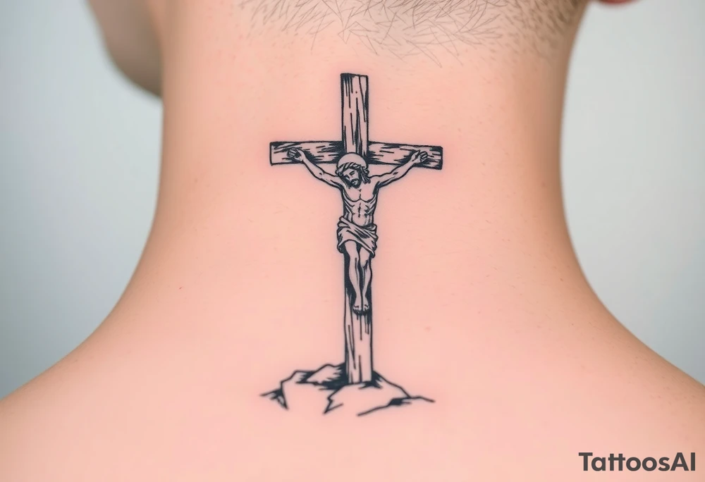 Traditional orthodox ICXC Christian cross with Jesus Christ on the cross also with the slanted part of the cross where christs feet were nailed in a Russian wilderness Kremlin setting tattoo idea