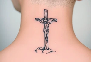 Traditional orthodox ICXC Christian cross with Jesus Christ on the cross also with the slanted part of the cross where christs feet were nailed in a Russian wilderness Kremlin setting tattoo idea
