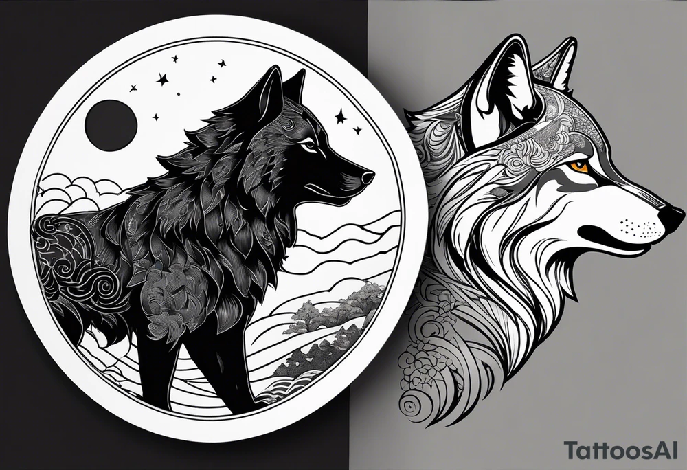 Two wolves—Sköll and Hati—one chasing the sun and the other chasing the moon. You could position them on opposite sides of a circular design with the sun rising and the moon setting at the top and bottom. tattoo idea