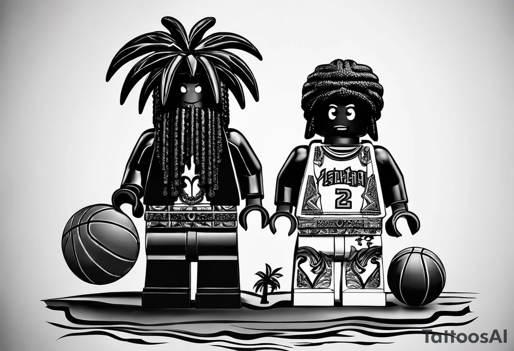 2 Lego figures in one scenery, one of them will be a Rastaman who is looking at the other one dribbling a basketball tattoo idea