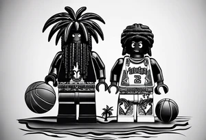 2 Lego figures in one scenery, one of them will be a Rastaman who is looking at the other one dribbling a basketball tattoo idea