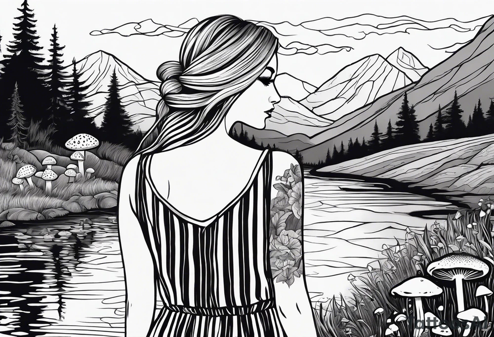 Straight long blonde hair hippie girl in distance holding mushrooms in hand facing away toward mountains and creek surrounded by mushrooms black and white striped dress tattoo idea