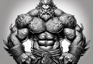 full body strong mythical giant turned to the side about to punch something stipple shading tattoo idea