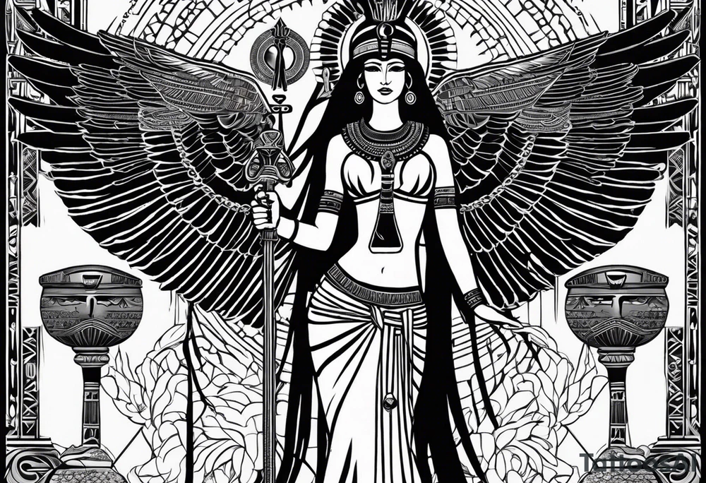 black and white Egyptian goddess Isis, who is often depicted as a woman with outstretched wings, holding an ankh (a symbol of life) in one hand and a lotus flower in the other. Her headdress often includes a throne or a solar disk. The tattoo design can vary in style and size, but it typically aims to capture the essence of this revered Egyptian deity, emphasizing her beauty, power, and maternal qualities. The choice of colors and additional elements can also be customized to create a unique and visually striking representation of the goddess Isis tattoo idea