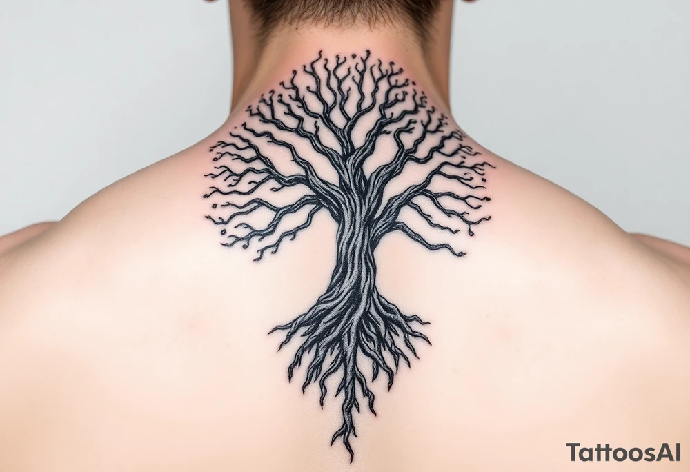 mystical tree of life with cosmic roots and celestial branches tattoo idea