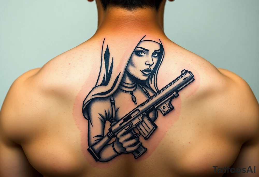 A sexy bad nun junkie with a gun tattoo idea