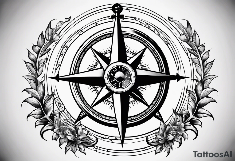 A selucid style anchor in front of a compass with north south east west marked on it and a narrow laurel wreathe wrapped around the compass tattoo idea