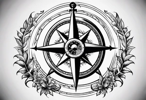 A selucid style anchor in front of a compass with north south east west marked on it and a narrow laurel wreathe wrapped around the compass tattoo idea
