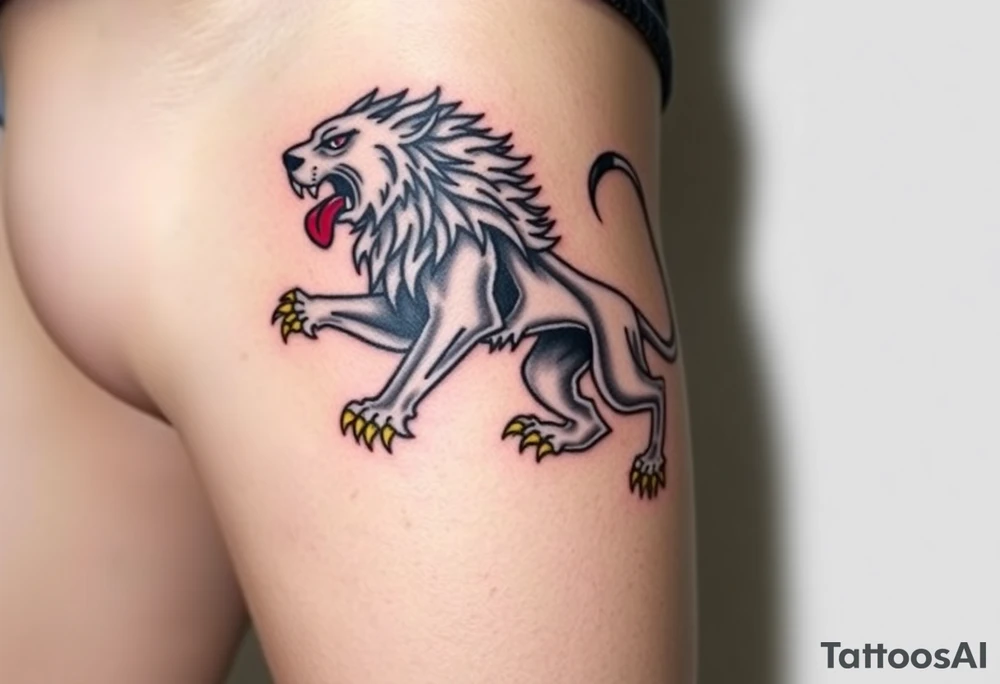 A majestic double-tailed silver lion with golden claws and a red tongue, standing proudly on a red shield, symbolizing strength and courage tattoo idea