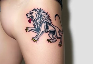 A majestic double-tailed silver lion with golden claws and a red tongue, standing proudly on a red shield, symbolizing strength and courage tattoo idea