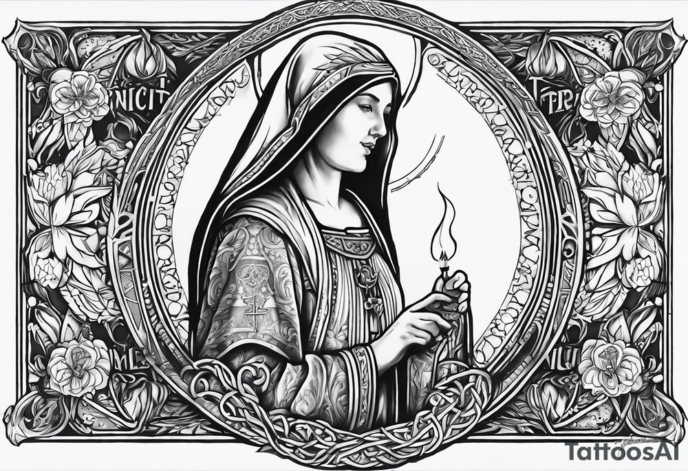A full back piece themed on the surname mcbride and the irish saint bridget. It should take inspiration from artwork of saint bridget holding fire in her hands. It should have the text Vincit Pericula Virtus on it tattoo idea