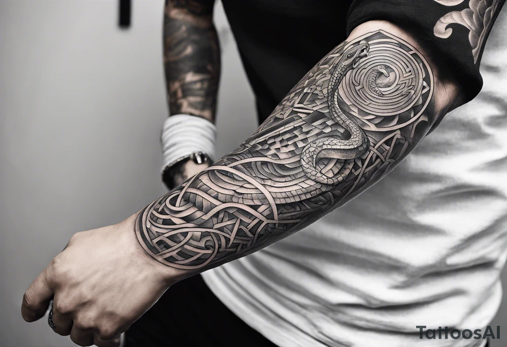 A three deminsional maze tattoo covering the arm in a sleeve with a snake wrapping around the arm biting the hand tattoo idea