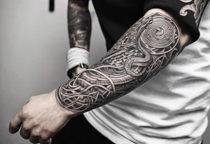 A three deminsional maze tattoo covering the arm in a sleeve with a snake wrapping around the arm biting the hand tattoo idea