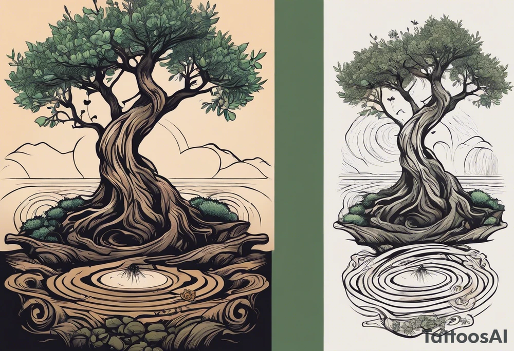 And olive tree with exposed roots, writing out the word for patience in Korean, next to a tree stump with exposed rings, and a small Poppy flower growing out of the ground tattoo idea