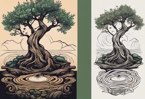 And olive tree with exposed roots, writing out the word for patience in Korean, next to a tree stump with exposed rings, and a small Poppy flower growing out of the ground tattoo idea