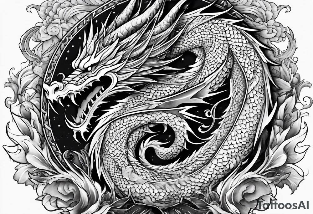 Dragon Seven number shape with Moonlight on background tattoo idea