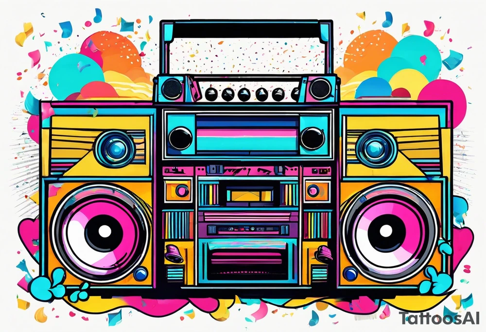 1980's style big boom box mith confetti, and music notes against miami vice style beach background, include sexy party goers tattoo idea