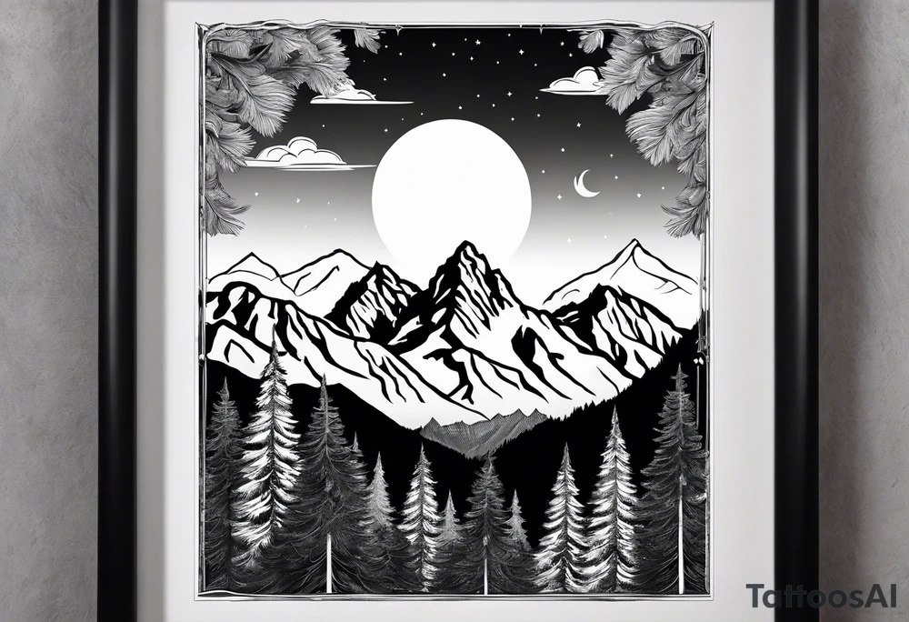 Half sleeve of Teton mountain range, moon In the sky and trees lining the bottom of tattoo tattoo idea