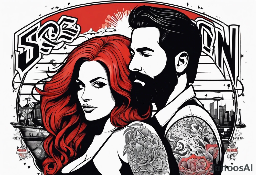 Busty red haired woman with a bearded man who has black hair tattoo idea