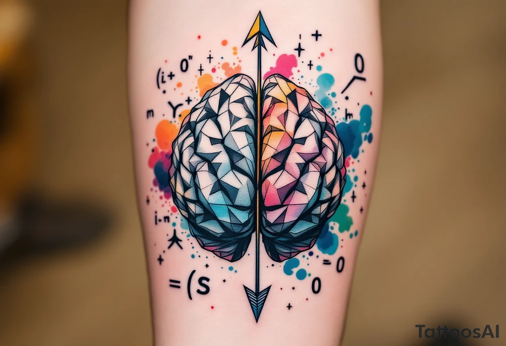 A front-seen brain in geometric and straight lines, math symbols arround. A detailed arrow crosses from below and exit from the top, with its tip desintegrating to represent entropy and watercolor stains spilled from the arrow. Around of the main tattoo, math and physics formulas fill the space, including the formula "ΔS ≥ 0" and the formula "(iδ + m) Φ = 0" tattoo idea