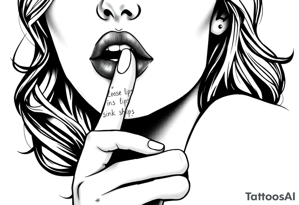realistic portrait of sexualised woman with her finger to her lips. Must say on her finger: Loose lips sink ships tattoo idea
