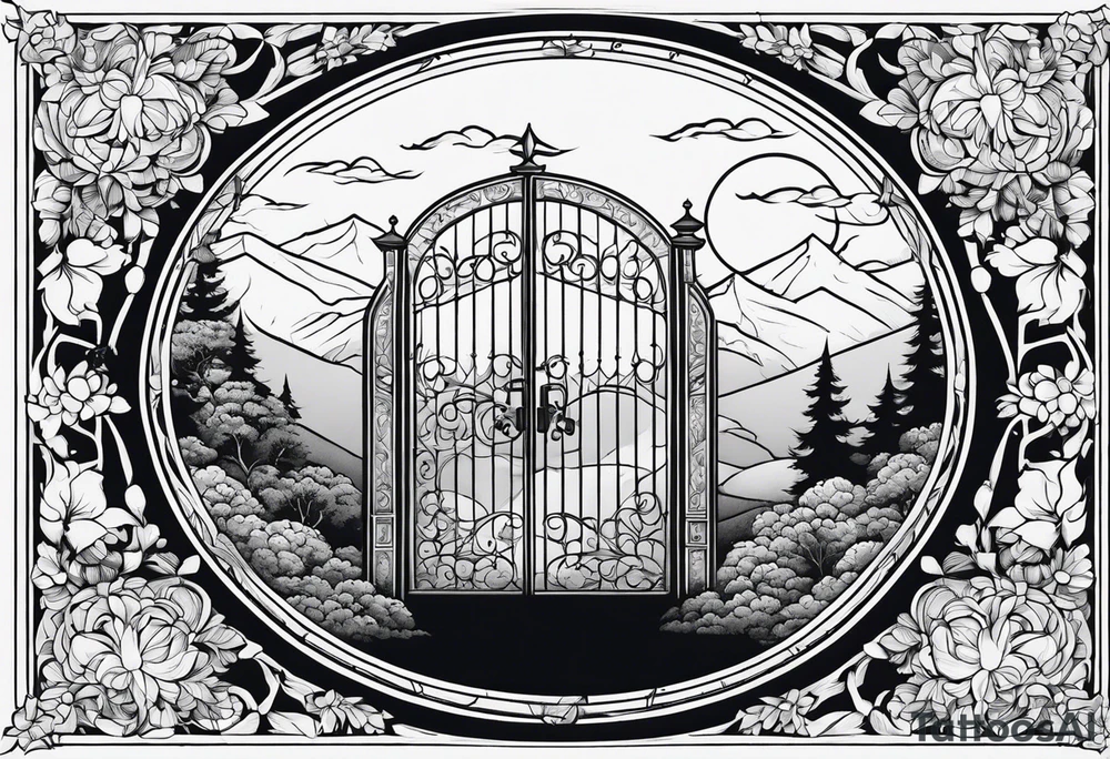 night medieval town mountains garden gate entrance
in circle vignette surrounded by clouds floral tattoo idea