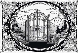 night medieval  town mountains garden gate entrance 
 in circle vignette surrounded by clouds floral tattoo idea