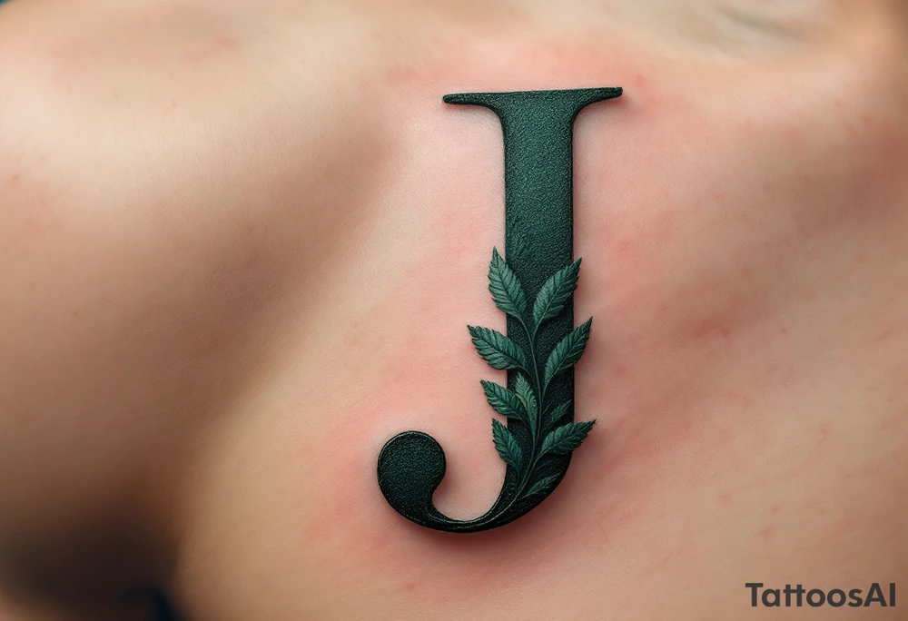 Bold serif "J" in dark forest green with a textured leaf pattern inside the letter. tattoo idea