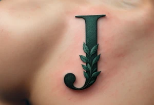 Bold serif "J" in dark forest green with a textured leaf pattern inside the letter. tattoo idea