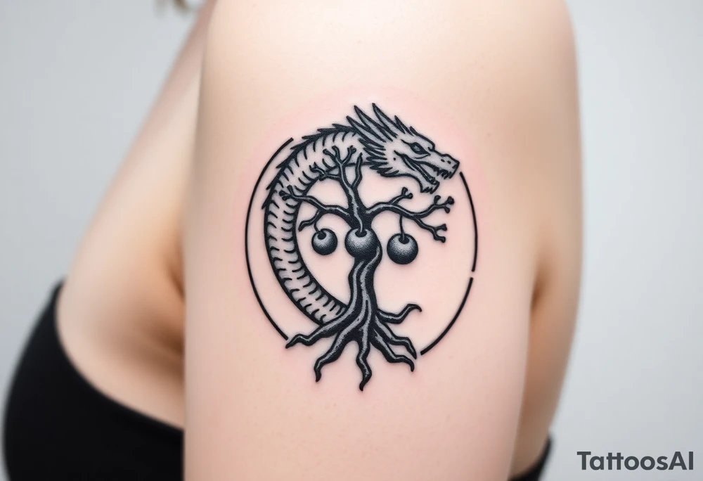 a dragon forming a circle with its body.  the dragon encircles the tree of life.   the tree of life has fruit  and the dragon is eating the fruit. the roots of the tree are strangling the tail of the dragon tattoo idea