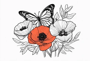 Bouquet of poppies and paperwhites and holly with. A butterfly tattoo idea