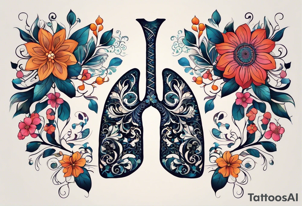 intricate and artistic arrangement of flowers and ornamental patterns that come together to form the shape of human lungs. The design should have a balance of delicacy and detail, with vibrant floral elements seamlessly intertwining to mimic the structure of the lungs, including the bronchi branching into floral motifs. Incorporate subtle shading and depth to give the tattoo a dynamic and organic feel, while maintaining elegance and symmetry tattoo idea