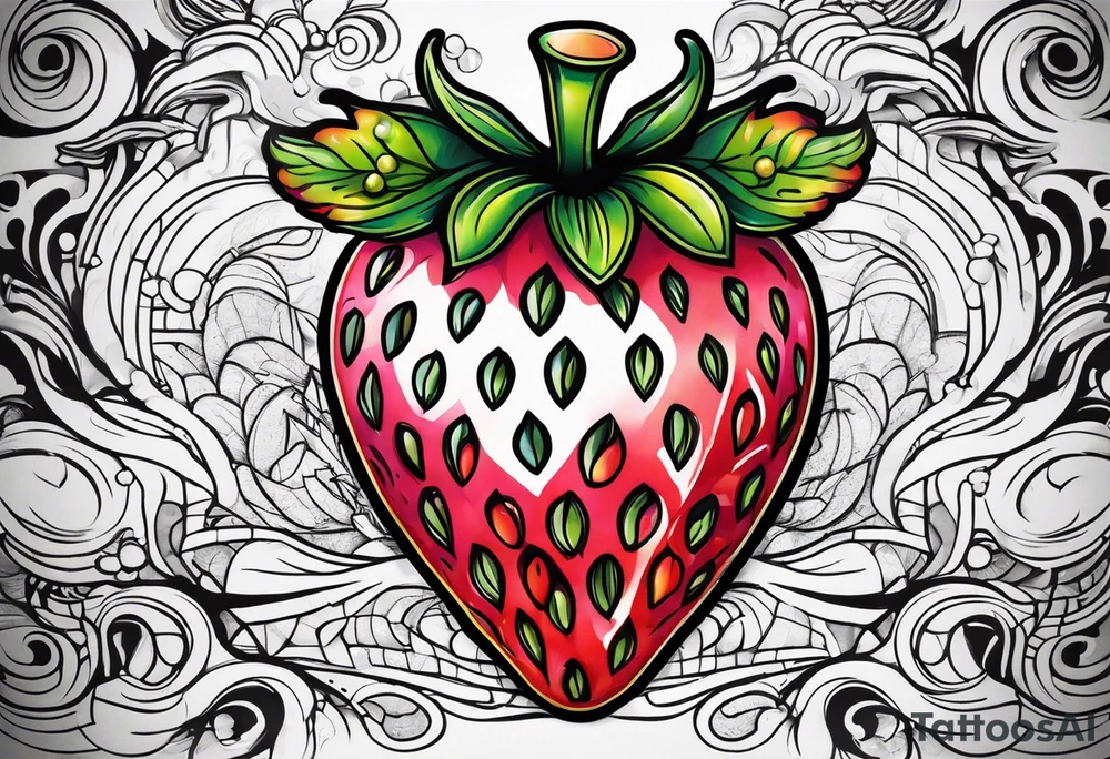 One Strawberry in a graffiti very surreal style tattoo idea