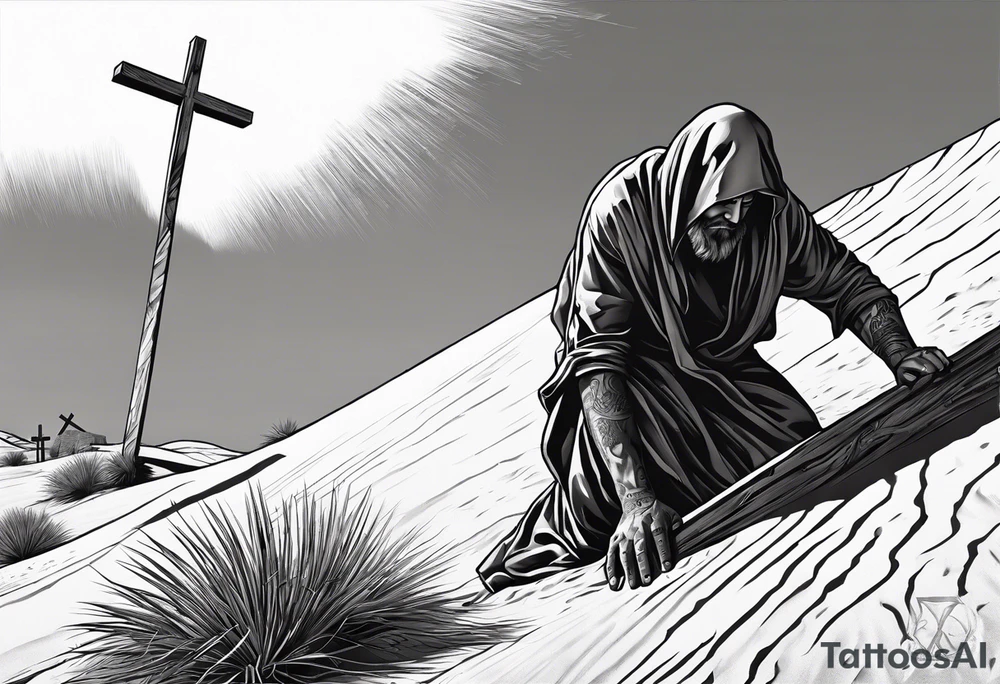 man crawling in a desert toward the cross of Christ tattoo idea