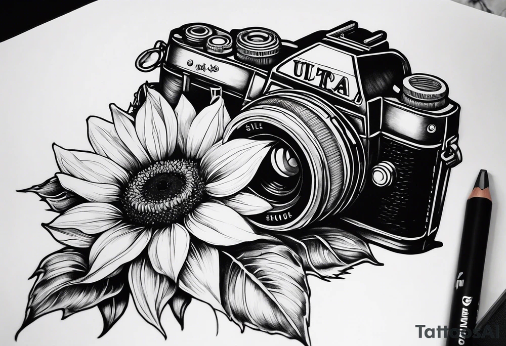 sunflower, camera, flower rose , book tattoo idea
