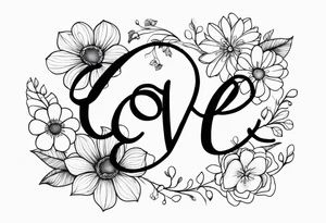 cursive lowercase word love making the o in love a dog paw print and entwine a 3 wild flowers in the word love tattoo idea