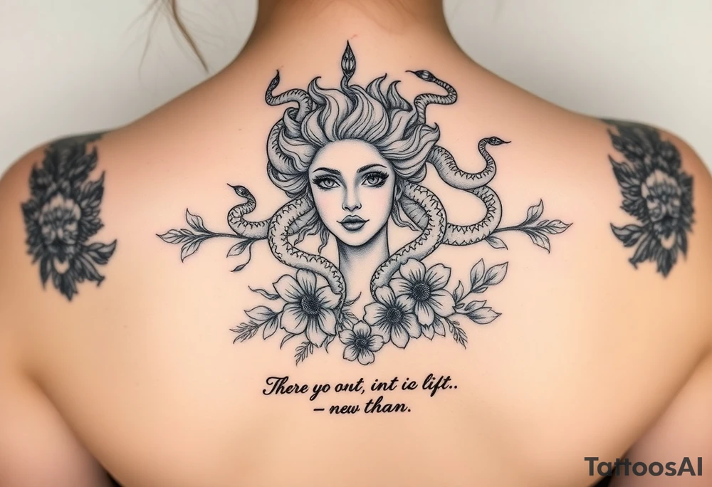 medusa  with snakes coming out of her head with flowers and a quote tattoo idea