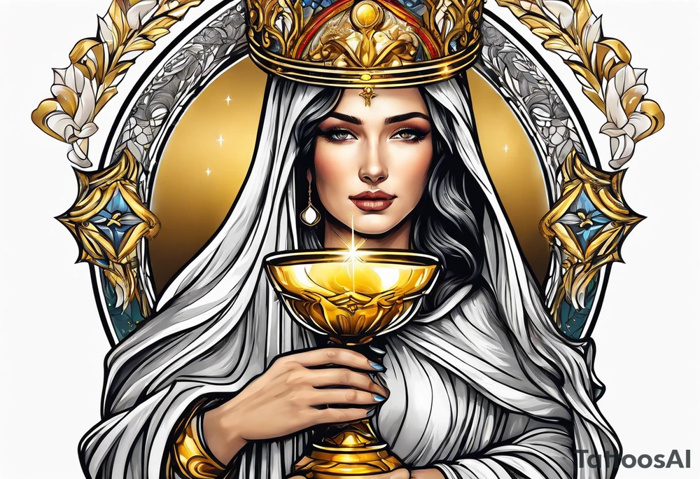 holy saint woman with golden halo holding a chalice tattoo idea