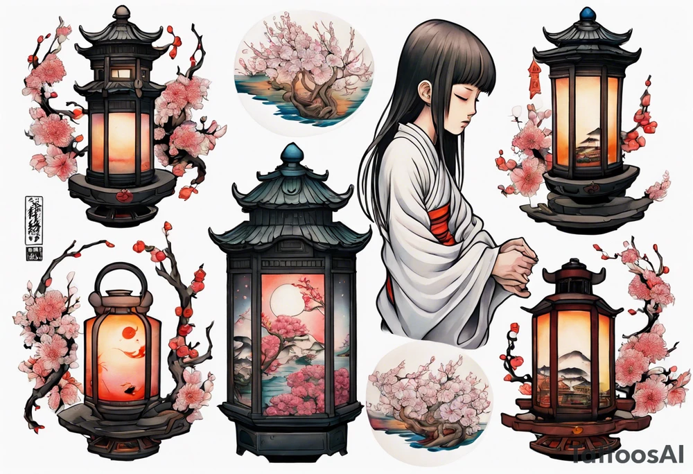 spirited away sleeve, chihiro uchigo, lanterns, blossoms, spirits, sen, tattoo idea