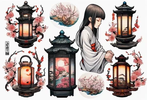 spirited away sleeve, chihiro uchigo, lanterns, blossoms, spirits, sen, tattoo idea
