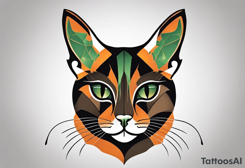 A detailed tattoo design of a tortoiseshell cat, emphasizing its distinct black, orange, and brown fur patterns in a stylized, illustrative manner. The cat's face is turned slightly upwards, with piercing green eyes that are accentuated for a bold, captivating look. Fine details such as the delicate whiskers, sharp ears, and subtle fur texture are highlighted. The background is minimal, perhaps incorporating abstract geometric shapes or soft shading to keep the focus on the cat's striking features. The overall design should be bold yet elegant, with clean lines and intricate shading that brings the cat to life in a timeless, artistic tattoo style tattoo idea