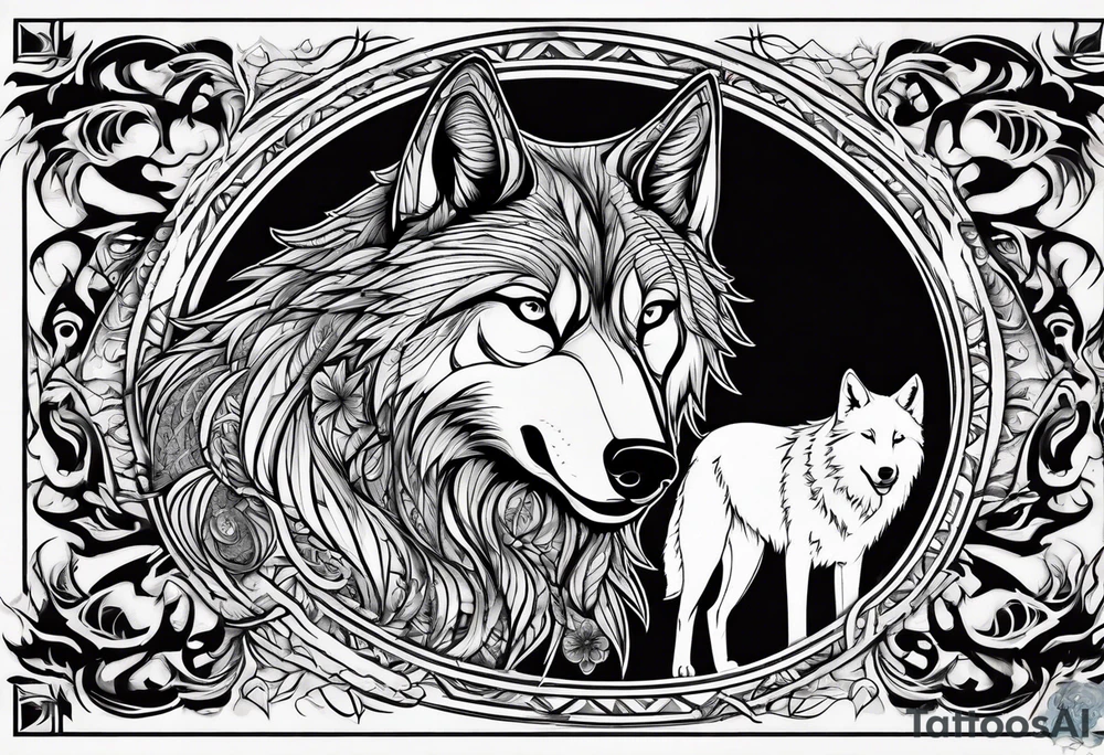 Black wolf fighting white wolf tattoo idea