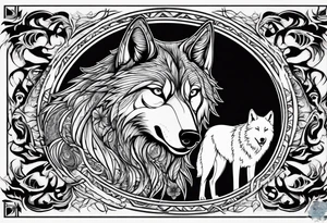 Black wolf fighting white wolf tattoo idea