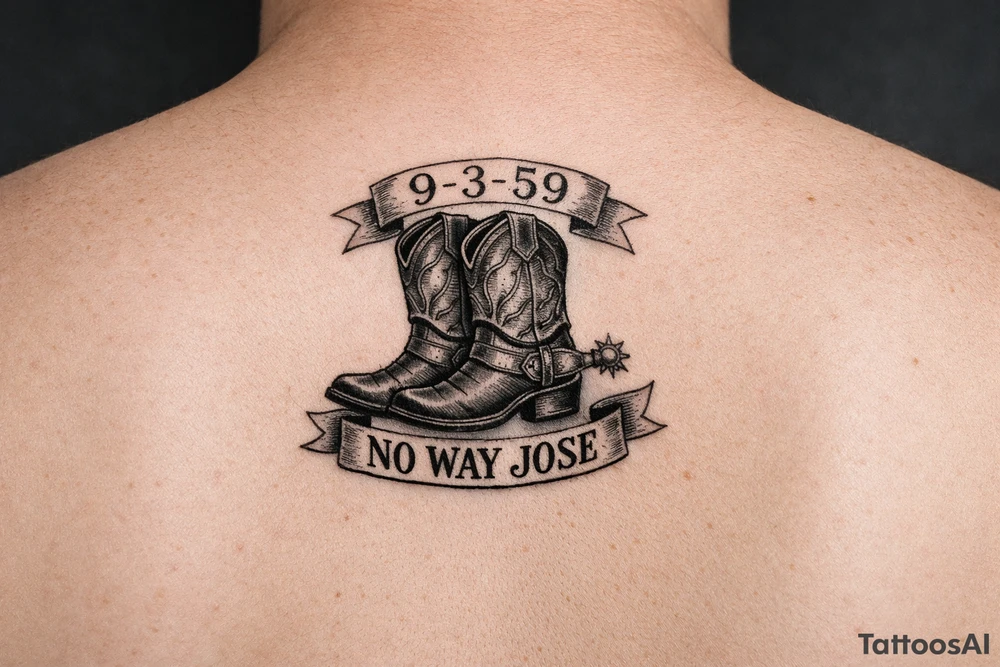 Can you do a minimalist neo, traditional Cow girl boots her birthday 9-3-59 and a banner that says no way Jose tattoo idea