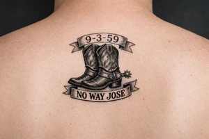 Can you do a minimalist neo, traditional Cow girl boots her birthday 9-3-59 and a banner that says no way Jose tattoo idea