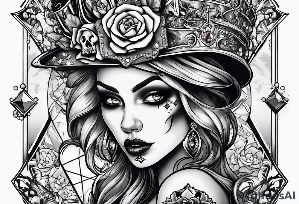 Zombie Queen of diamonds add skulls tattoo idea