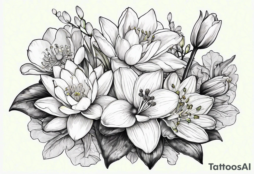 Water Lily, Lily of the Valley, Narcissus, and Gladiolus bouquet for vase tattoo idea