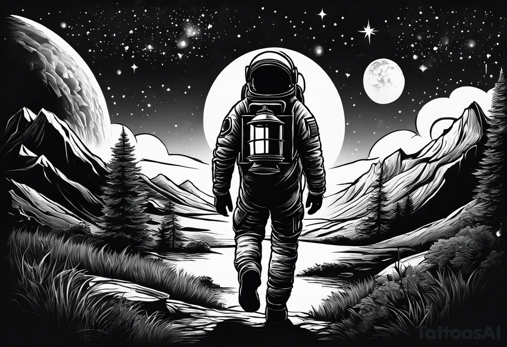 An astronaut using a candle lantern to walk through beautiful landscape in the dark tattoo idea