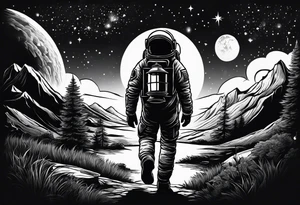 An astronaut using a candle lantern to walk through beautiful landscape in the dark tattoo idea