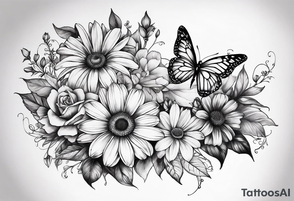 tattoo to represent that I have 3 children (girls). For inspiration I like flowers, the beach. Tattoo is for ribcage down side of body. I don't want images of women or girls in it. I want it pretty. To include daisy flowers and roses and buterfly, the moon tattoo idea